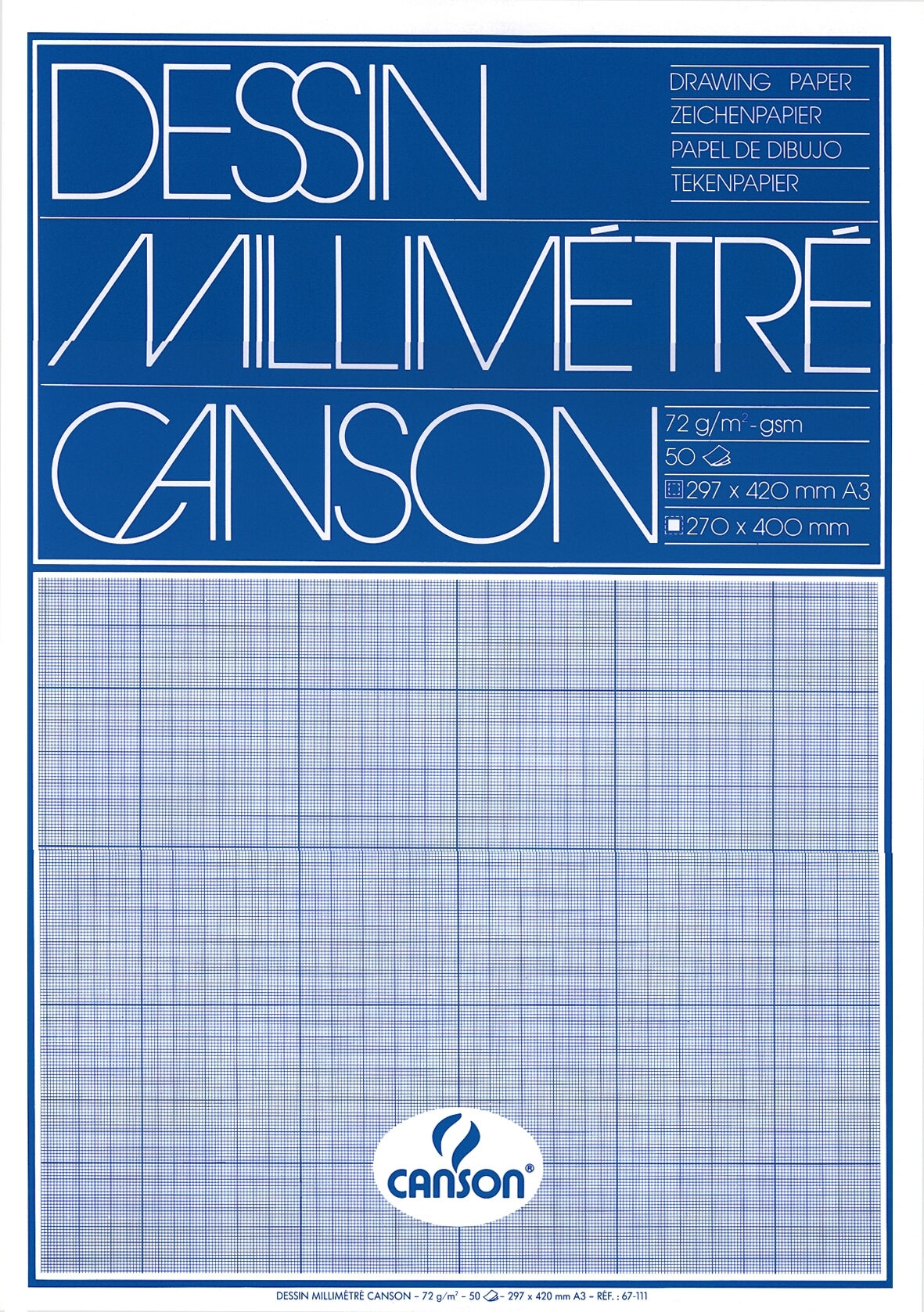 Millimeterblok Canson A3, 90 g/m², blauw bedrukking, gelijmd