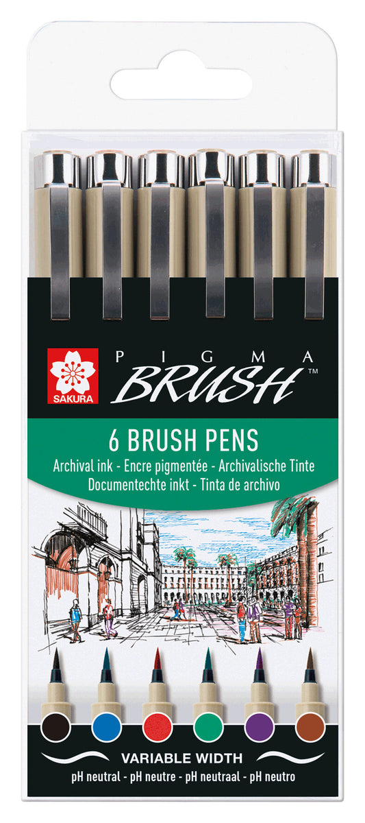 Sakura Pigma Brushpen set 6 kleuren met flexibele penseelpunten