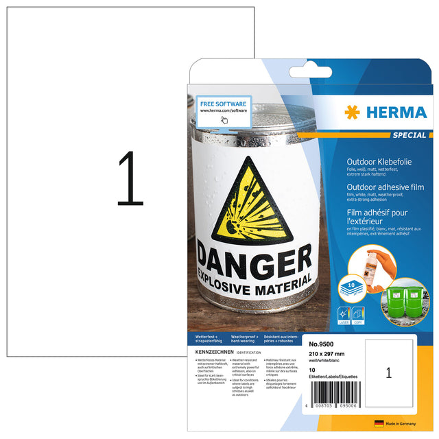 Herma 9500 Waterproof Labels 210x297mm, Wit, 10 Stuks