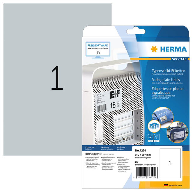 HERMA 4224 Zilveren Folie Etiketten 210x297mm, 25 Stuks