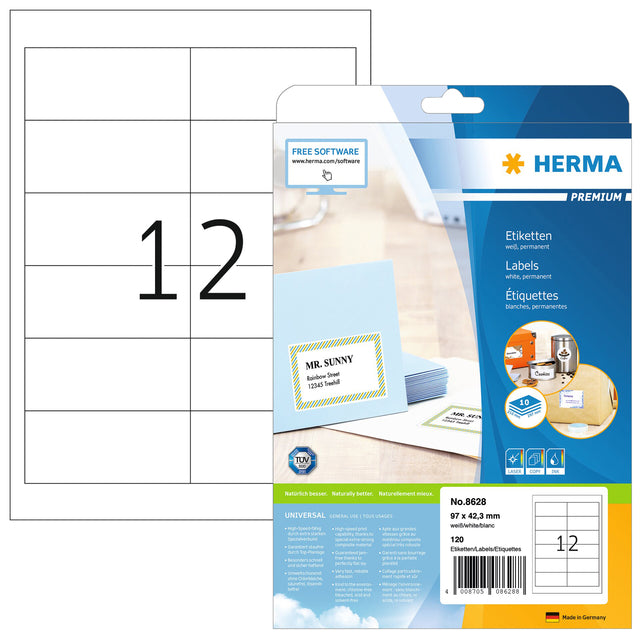 Herma 8628 Premium Wit Etiket 97x42.3mm, 120 Stuks