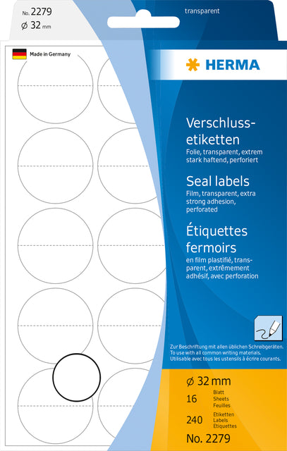HERMA 2279 Transparante Polyester Sluitetiketten 32mm, 240 stuks