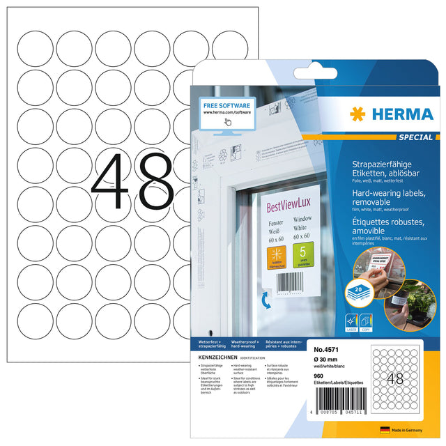 HERMA 4571 30mm Ronde Folie Etiket Wit, 960 Stuks