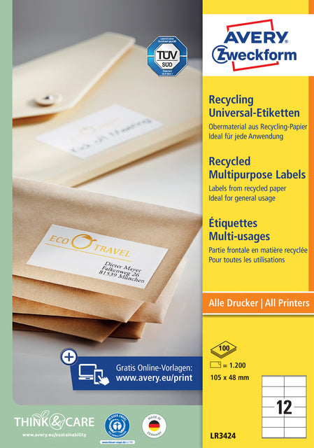 Avery LR3424 105x48mm Recyclebaar Wit Etiket, 1200 Stuks