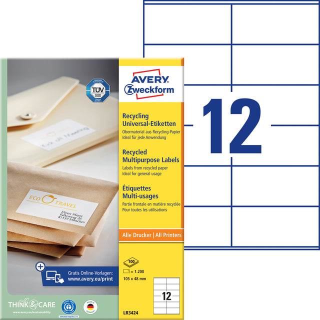 Avery LR3424 105x48mm Recyclebaar Wit Etiket, 1200 Stuks - 2