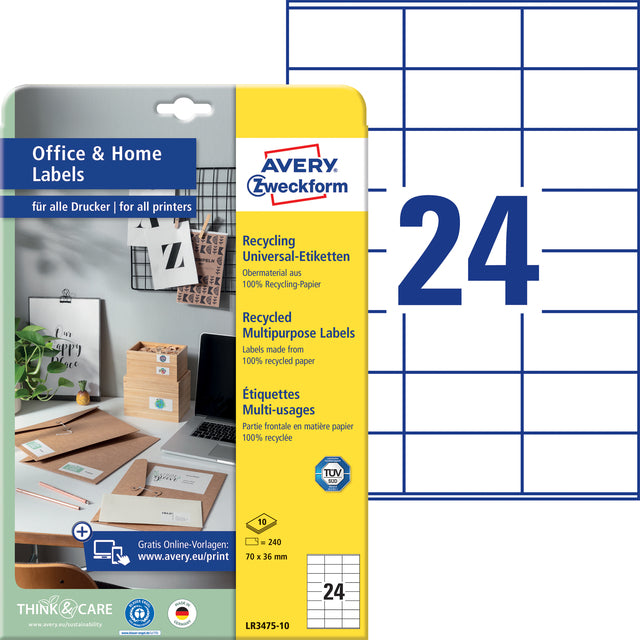 Avery LR3475 70x36mm Recycled Wit, 2400 stuks - 2