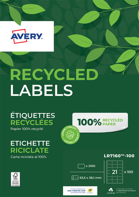 Avery LR7160-100 Gerecyclede Laser Etiketten 63,5x38,1mm, 2100 Stuks