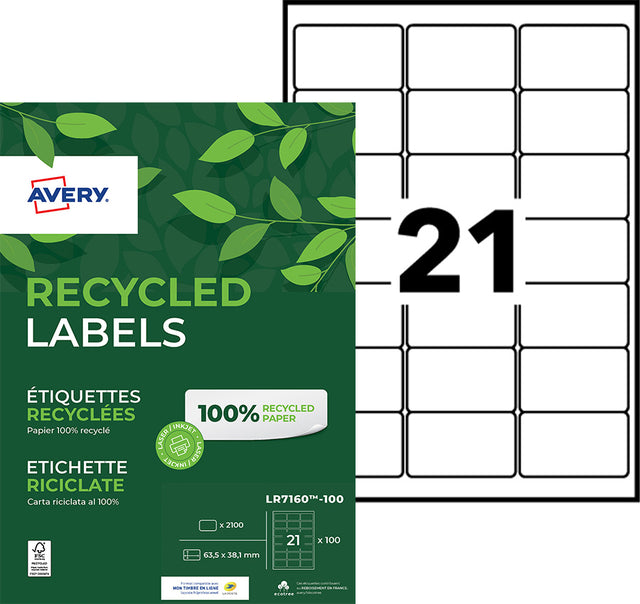 Avery LR7160-100 Gerecyclede Laser Etiketten 63,5x38,1mm, 2100 Stuks - 2