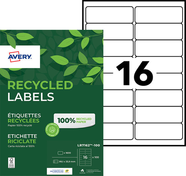 Avery LR7162-100 Gerecyclede Laser Etiketten 99,1x33,9mm, 1600 Stuks - 2