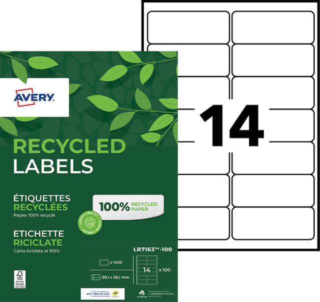 Avery LR7163-100 Gerecyclede Laser Etiketten 99,1x38,1mm, 1400 Stuks - 2
