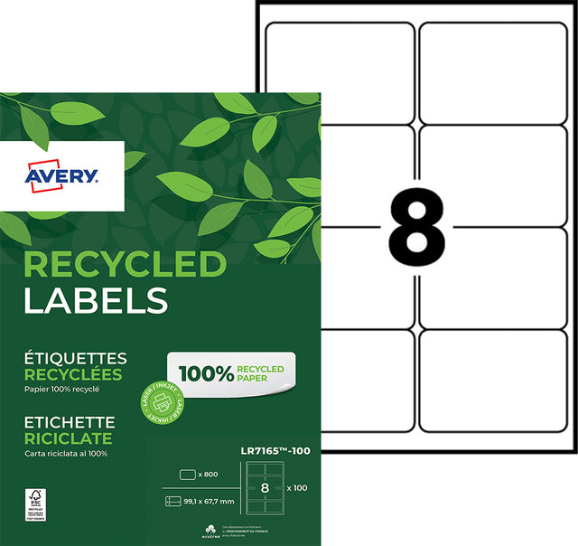 Avery LR7165-100 Gerecyclede Laser Etiketten 99,1x67,7mm, 800 Stuks - 2