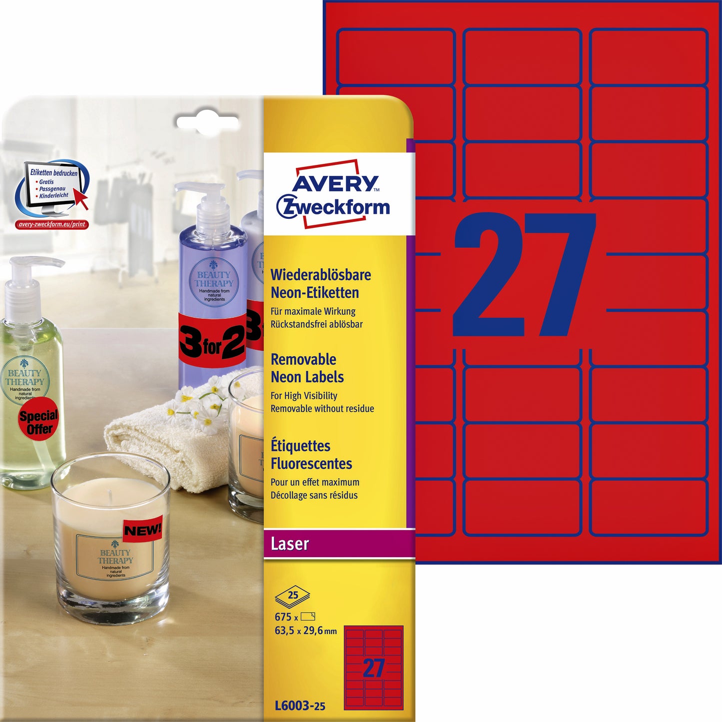 Avery L6003-25 Neon Rood Etiketten 63,5x29,6mm, 675 Stuks