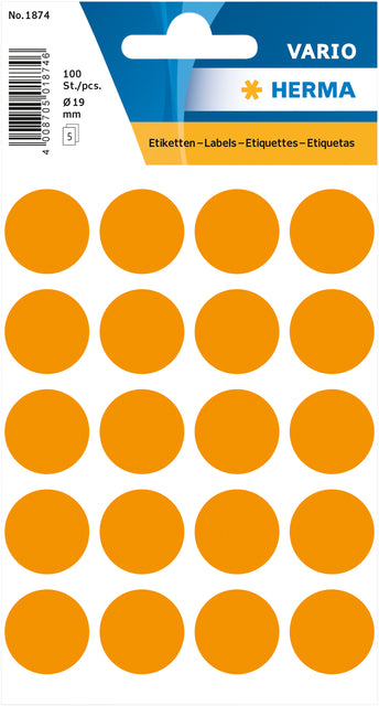HERMA 1874 ronde etiketten 19mm fluor oranje, 100 stuks