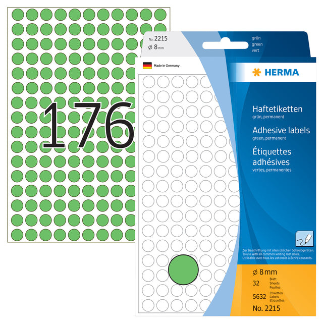 HERMA 2215 Ronde Groene Etiketten 8mm, 5.632 Stuks - 2