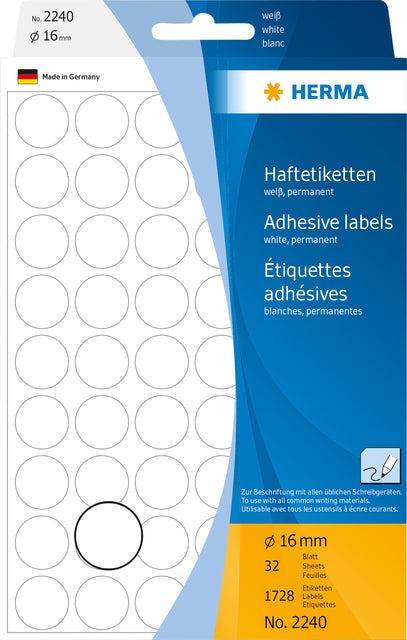 HERMA 2240 Ronde Witte Etiketten 16mm, 1.728 Stuks