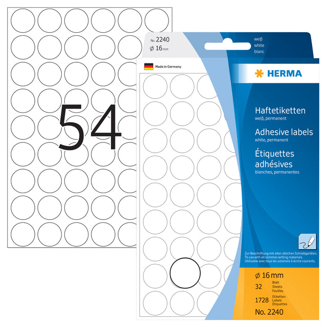 HERMA 2240 Ronde Witte Etiketten 16mm, 1.728 Stuks - 2