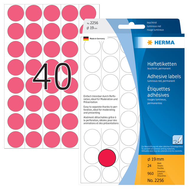 HERMA 2256 Ronde etiketten 19mm fluor rood, 960 stuks - 2