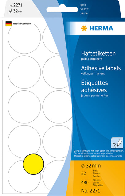 Herma 2271 Rond Etiket 32mm Geel, 480 stuks