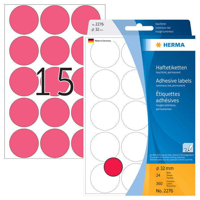 Herma 2276 Rond Etiket 32mm Fluor Rood, 360 stuks - 2