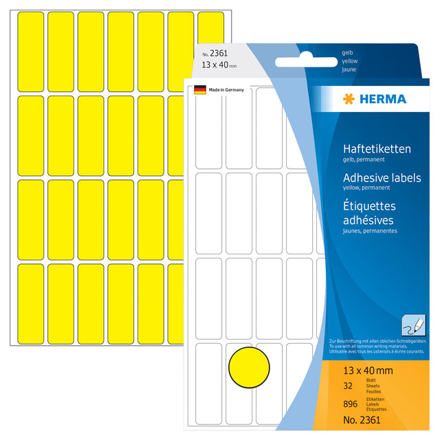 Herma 2361 Gele zelfklevende etiketten 13x40mm, 896 stuks - 2