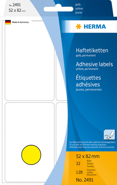 Etiketten HERMA 2491 52x82mm geel, 128 stuks