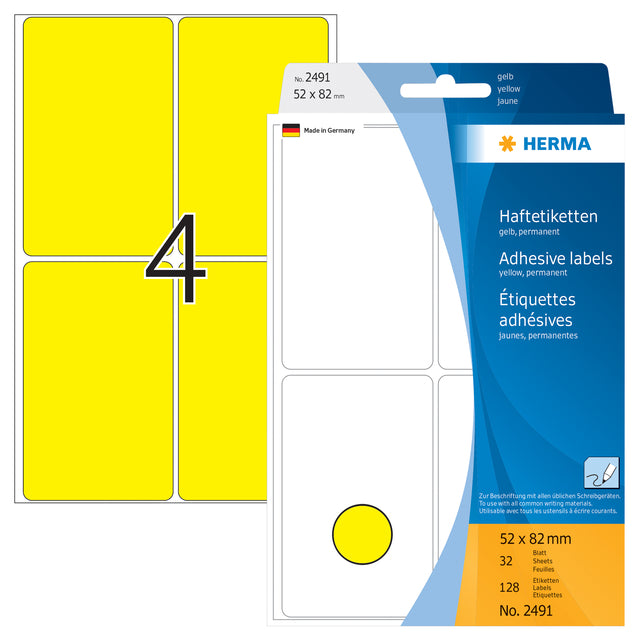 Etiketten HERMA 2491 52x82mm geel, 128 stuks - 2