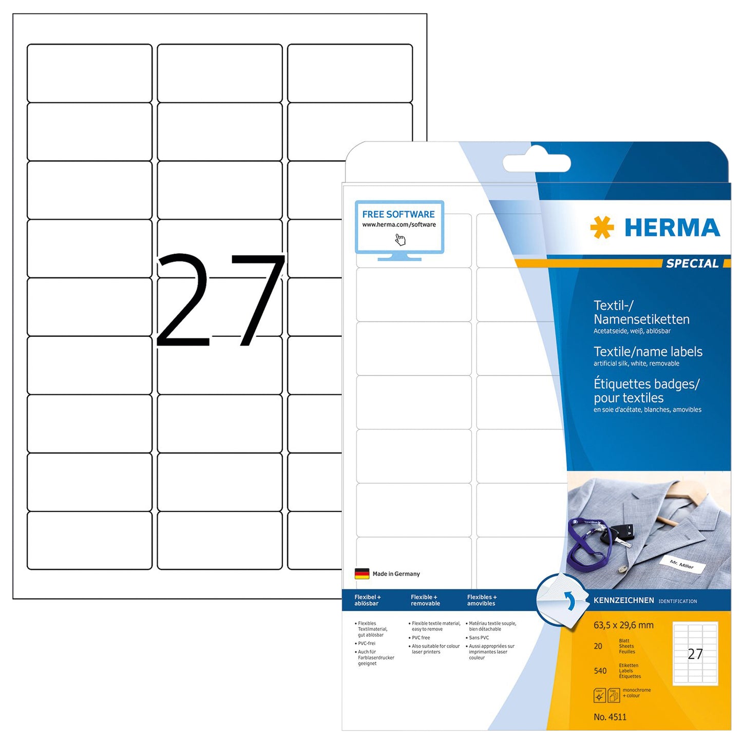 Herma 4511 zelfklevende etiketten 63.5x29.6mm, wit, A4, 100 stuks