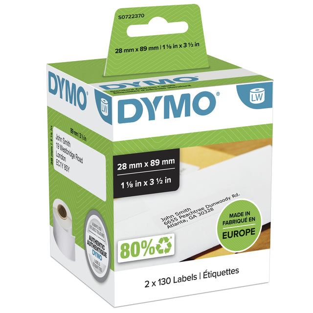 Dymo LabelWriter Adreslabels 28x89mm, 2 Rollen Wit
