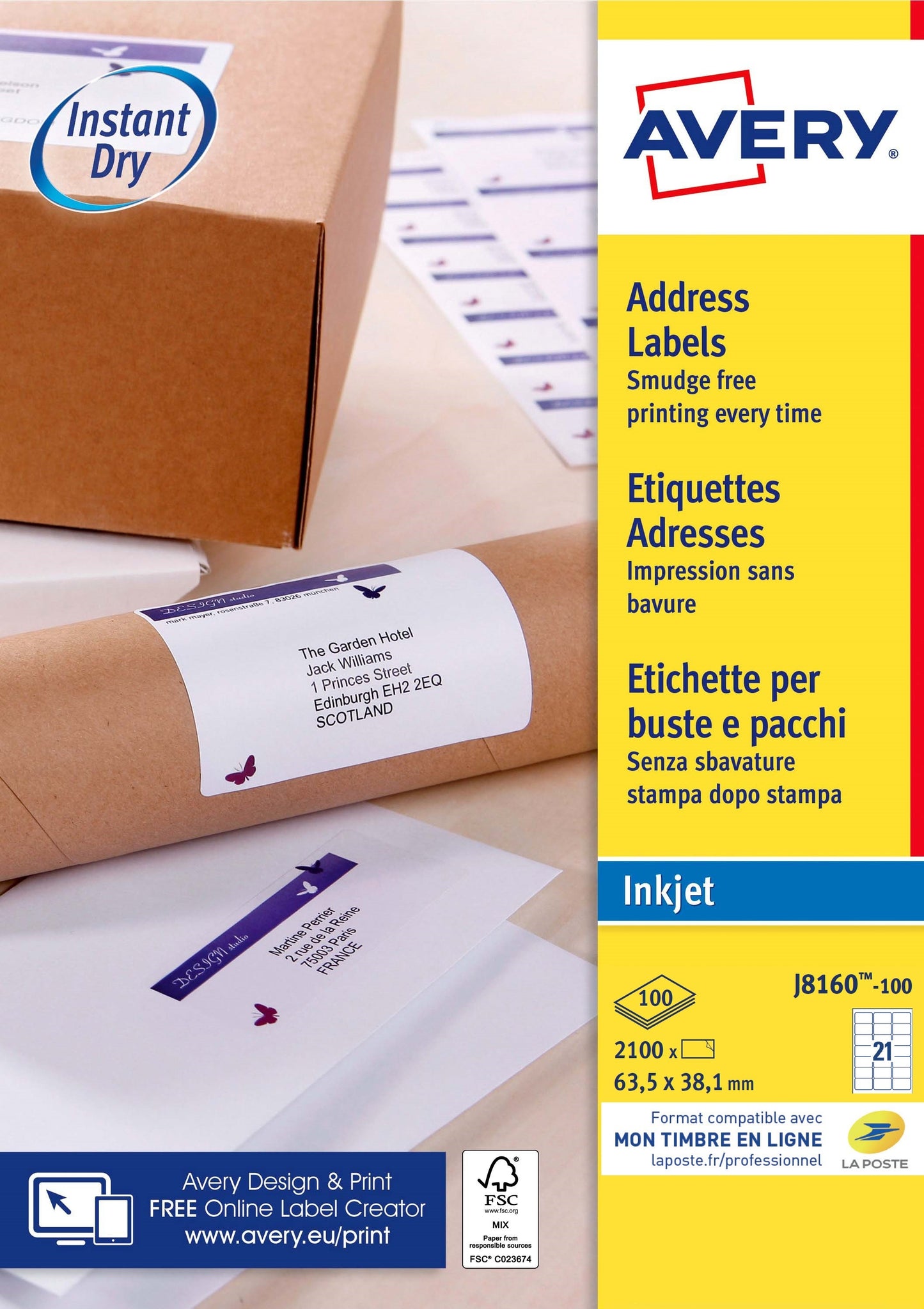 Avery J8160-100 etiketten 63,5x38,1mm, snel droog, 2100 stuks