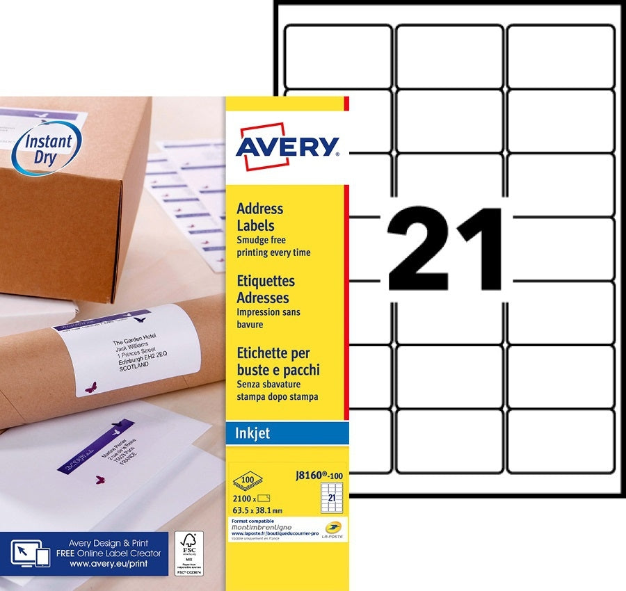 Avery J8160-100 etiketten 63,5x38,1mm, snel droog, 2100 stuks - 2