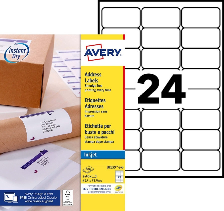 Avery J8159-100 Etiket 63.5x33.9mm Wit 2400 stuks - 2