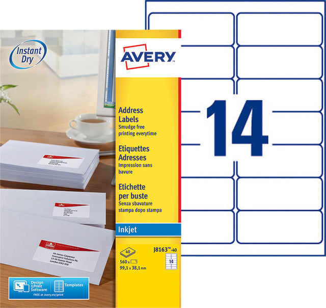 Avery J8163-40 Etiketten 99.1x38.1mm Wit, 560 stuks - 2