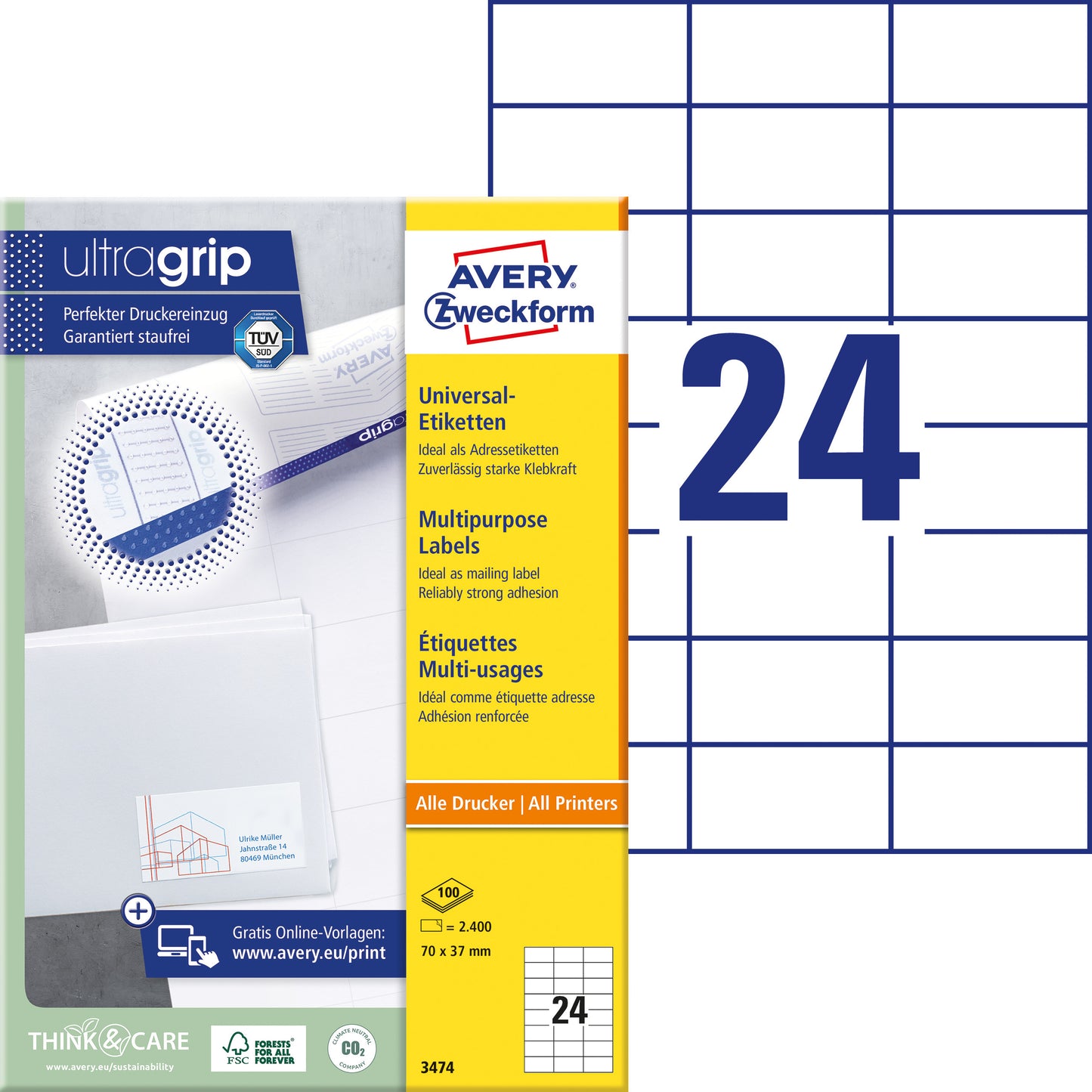 AZ 3474 Zelfklevende etiketten 70x37mm, wit, 2400 stuks - 2