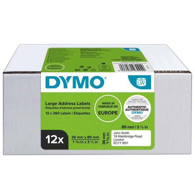 Dymo LabelWriter Adresseringslabels 36x89mm, 12 stuks, Wit - 2