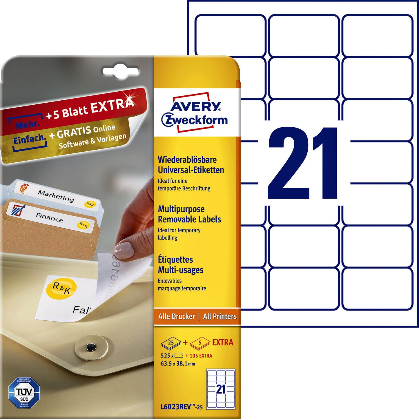 Avery L6023REV-25 etiketten 63,5x38,1mm, verwijderbaar, 525 stuks