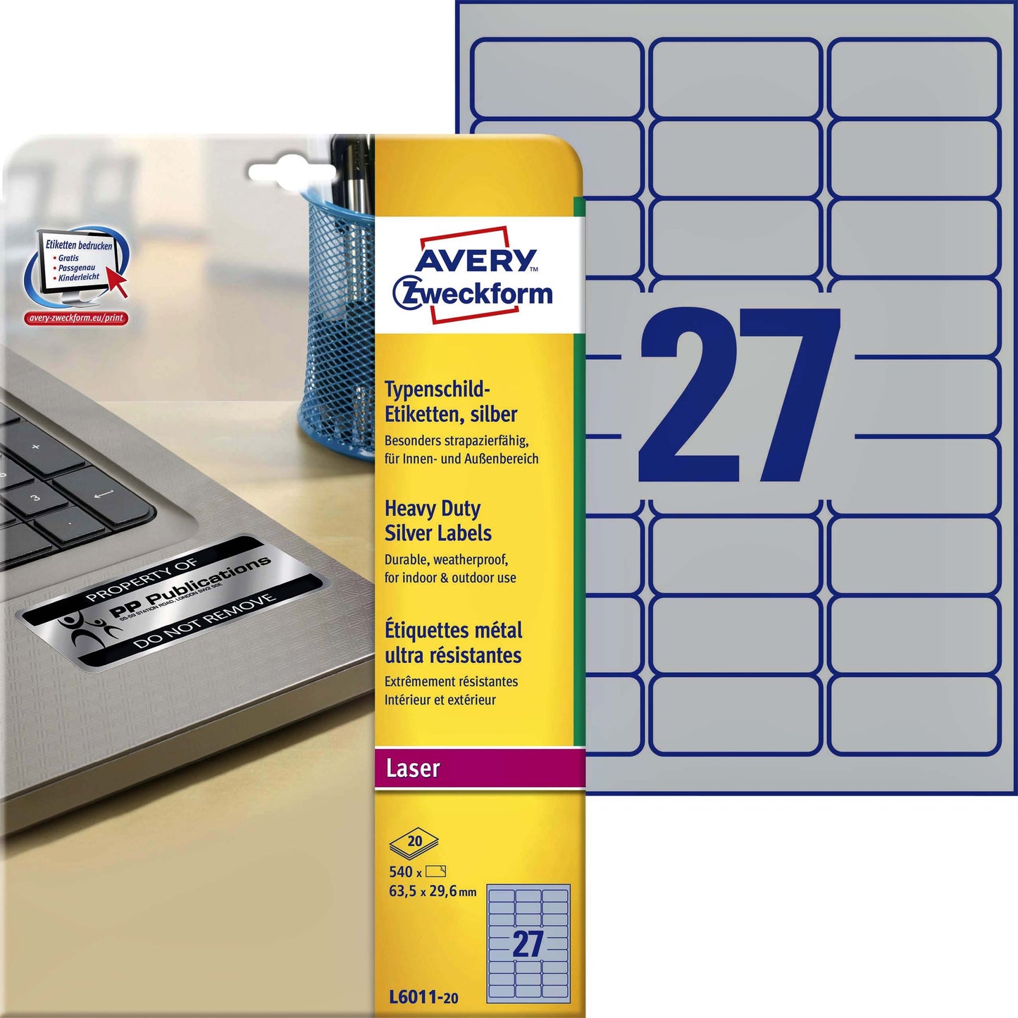 Avery L6011-20 Zilveren Polyester Etiketten 63,5x29,6mm, 540 Stuks