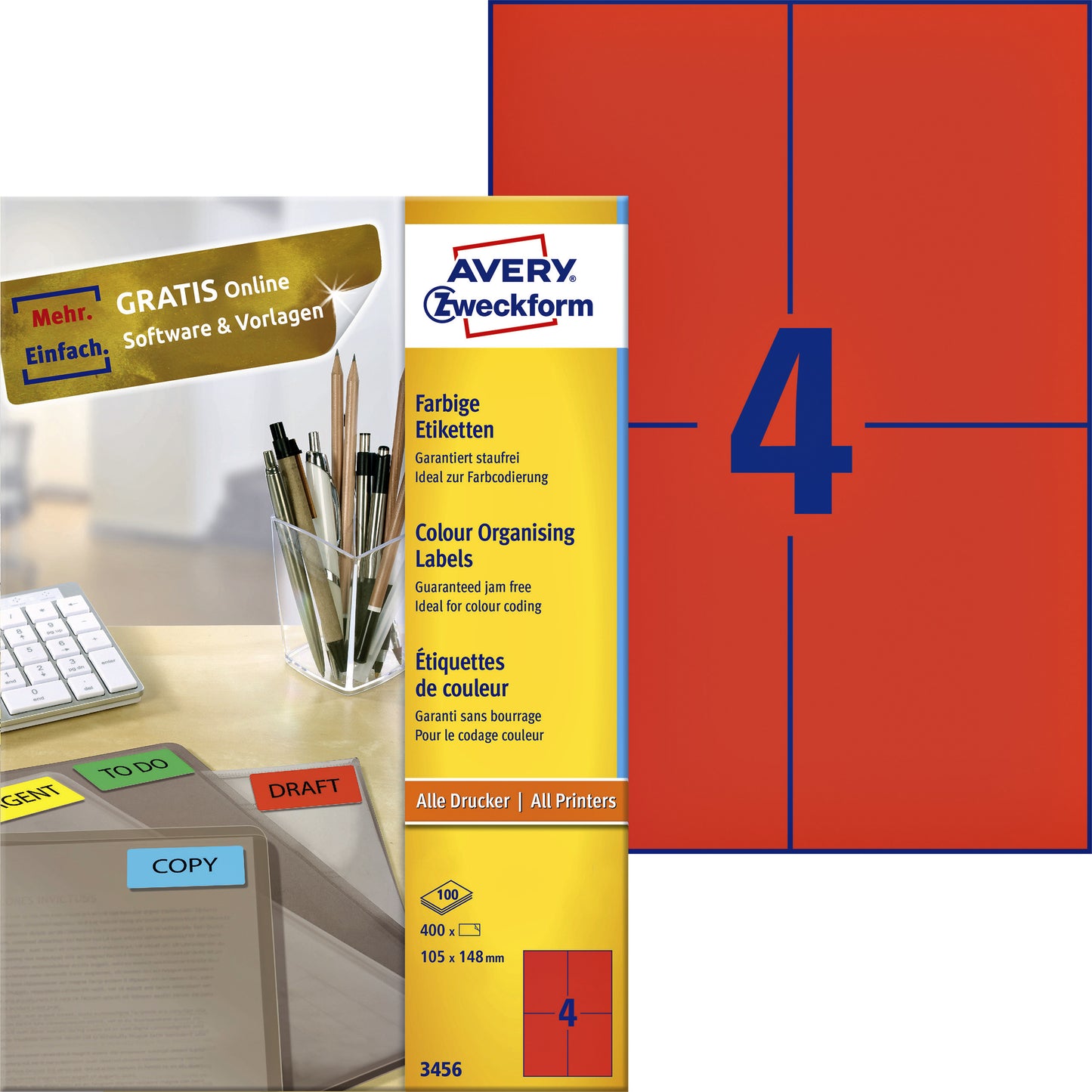 Avery Etiket 3456 105 x 148 mm Rood 400 stuks