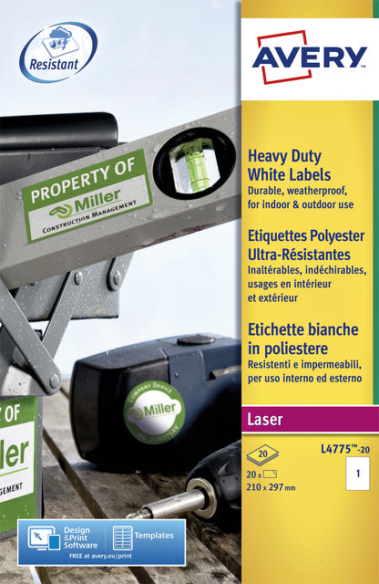 Etiket Avery L4775-20 210x297mm wit polyester voor buitengebruik