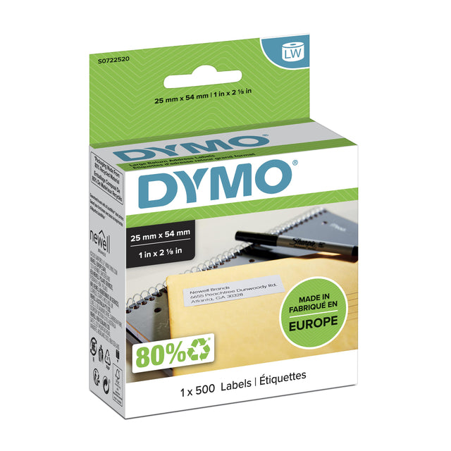 Dymo LabelWriter adreslabels 25x54mm, rol 500 st wit