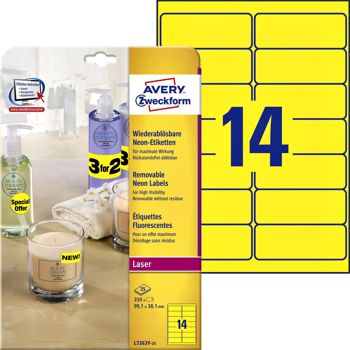 Avery L7263Y-100 Geel Etiket 99.1x38.1mm, 1400 Stuks
