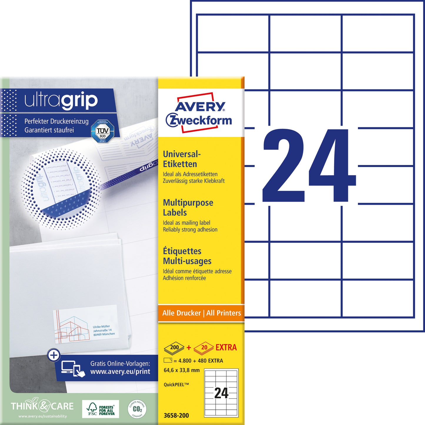 Avery Etiket AZ 3658 64.6x33.8mm Wit, 4800 stuks - 2