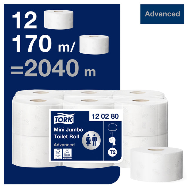 Tork T2 Mini Jumbo 2-laags Wit Toiletpapier 12 Rollen - 6