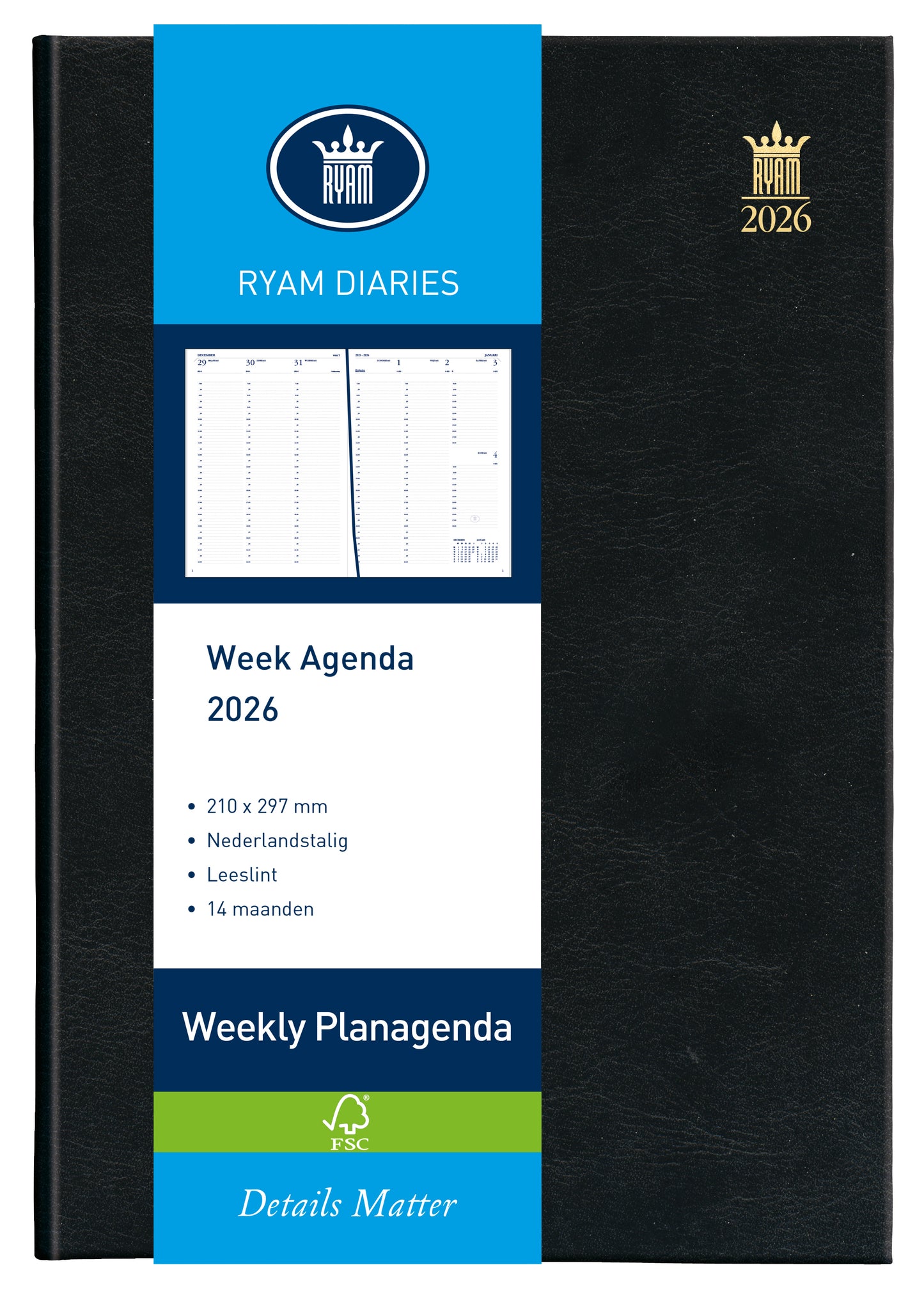 Ryam Weekly Agenda 2025 + 7-dagen/2-pagina, zwart