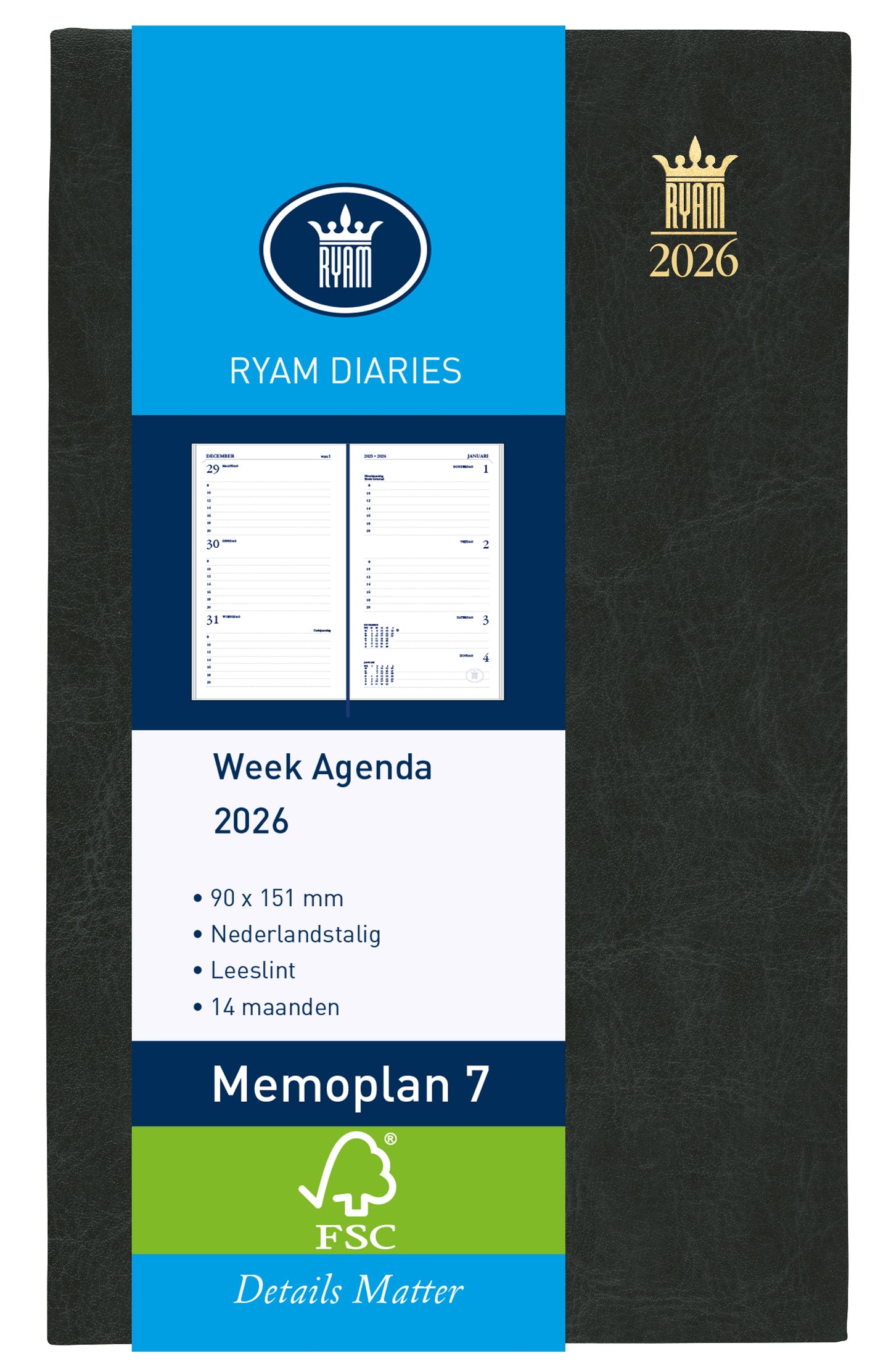 Agenda 2025 Ryam Memoplan 7 Mundior zwart, 2-uursindeling, 14 maanden