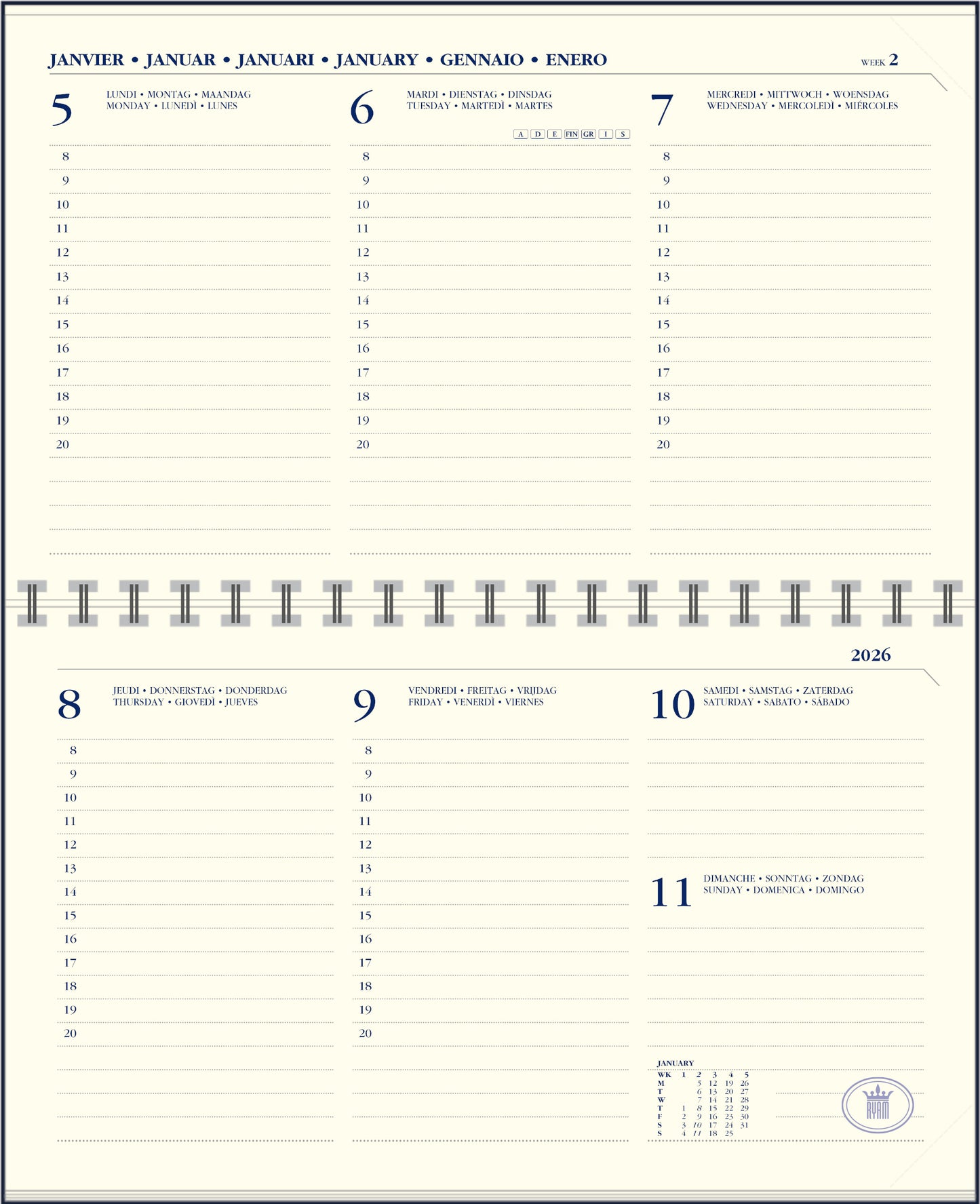 Agendaboek Ryam Memoplan 7 Compact Liggend 7D/2P – 08.00-20.00 uur