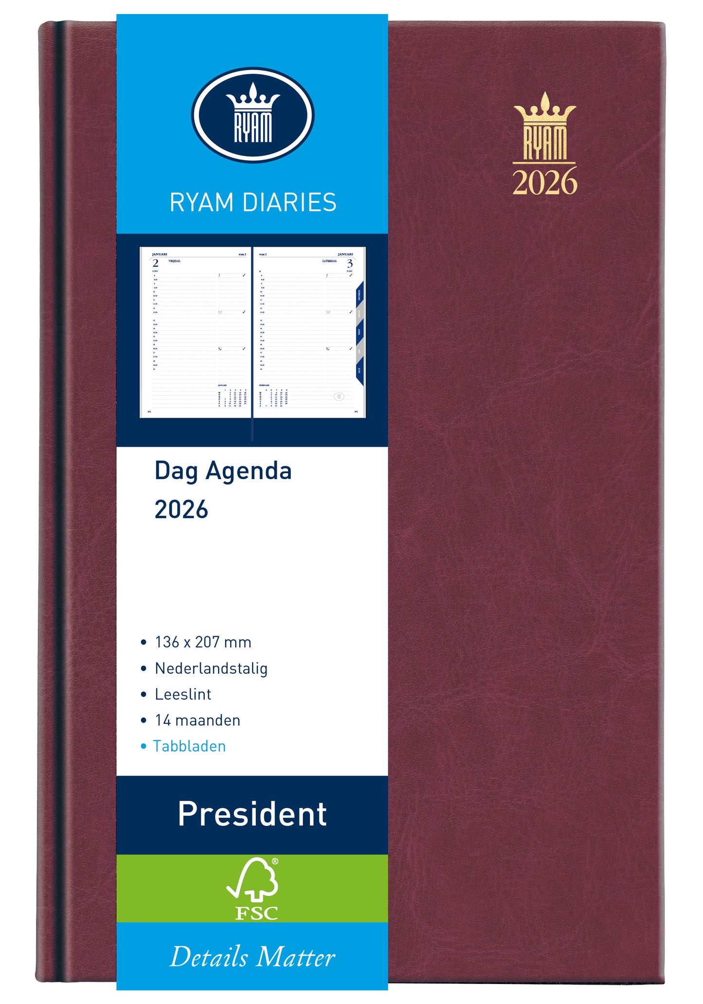 Agenda 2025 Ryam President Mundior 13,6x20,7cm bordeaux