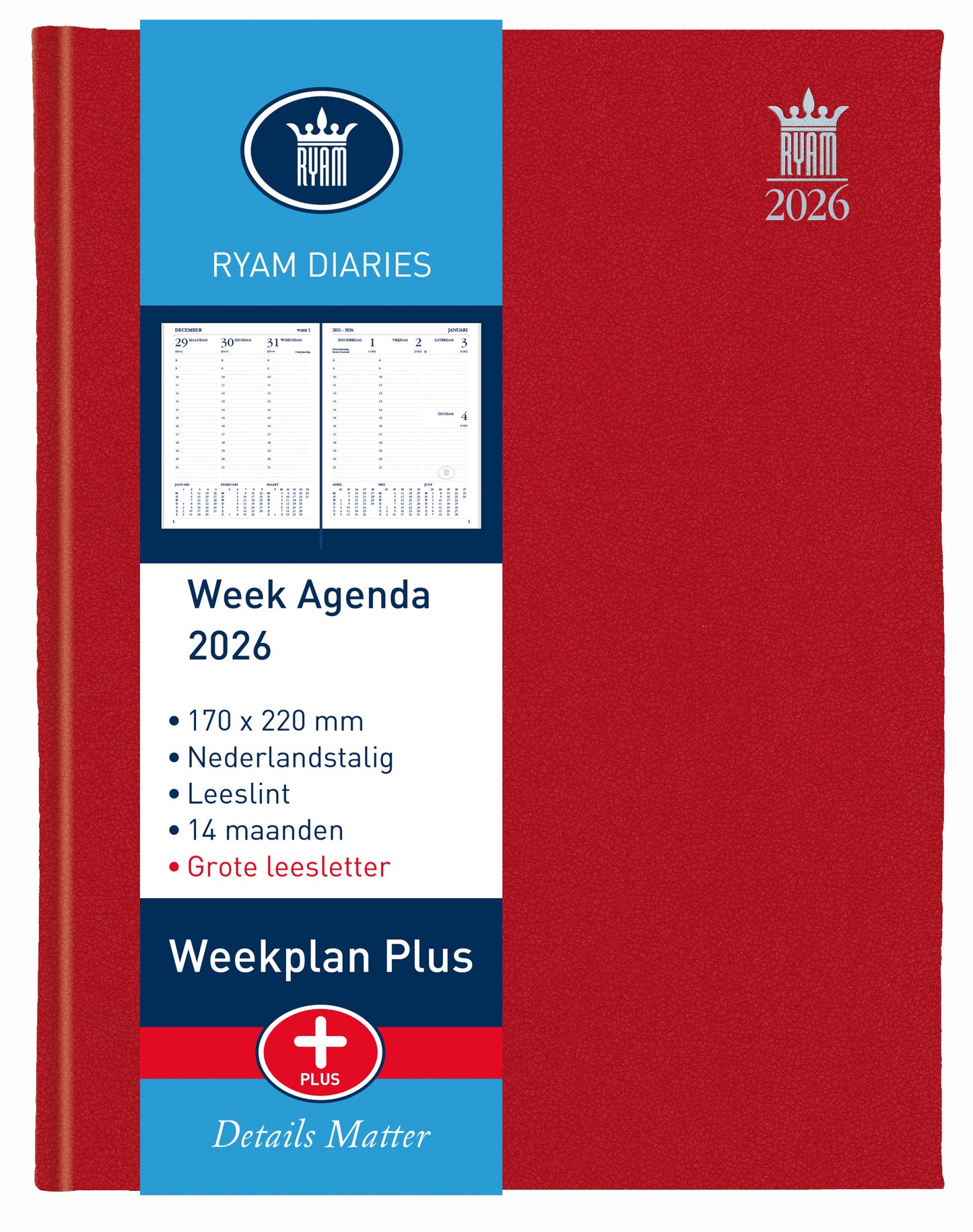 Agenda 2025 Ryam Weekplan Plus Mercury 7-dagen/2-pagina, rood