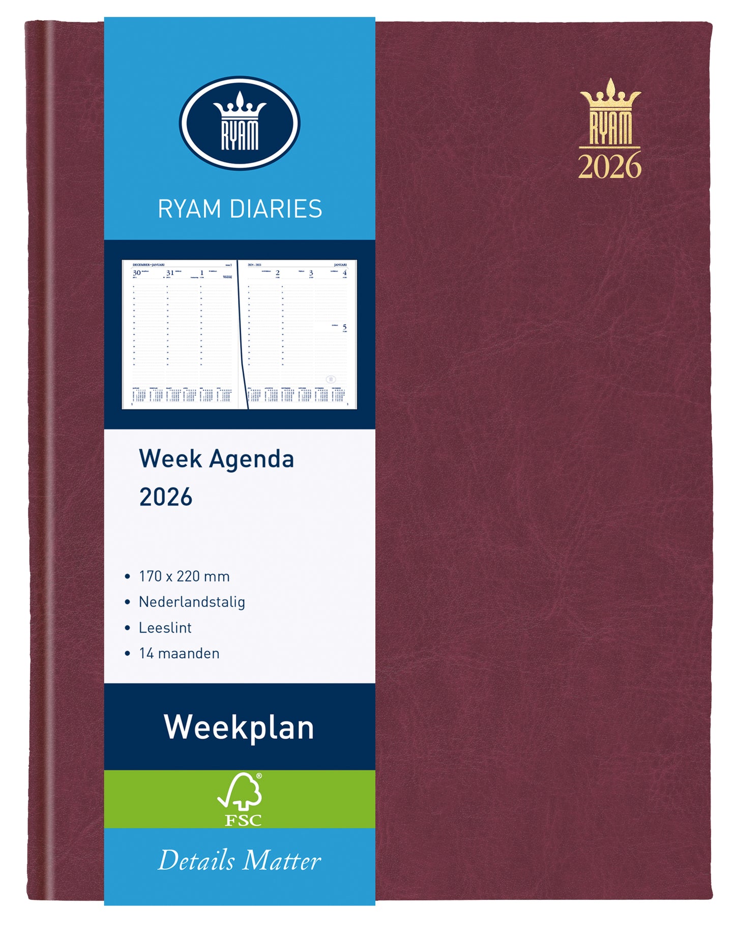 Agenda 2025 Ryam Weekplan Mundior 7-dagen/2-pagina, bordeaux