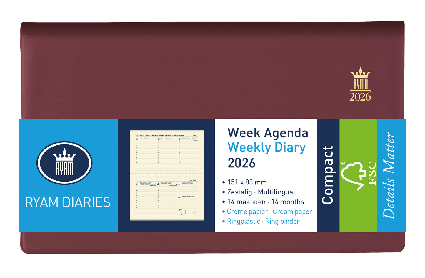 Agenda 2025 Ryam Compact Suprema, 7 dagen, 2-pagina’s, bordeaux, ringplastic