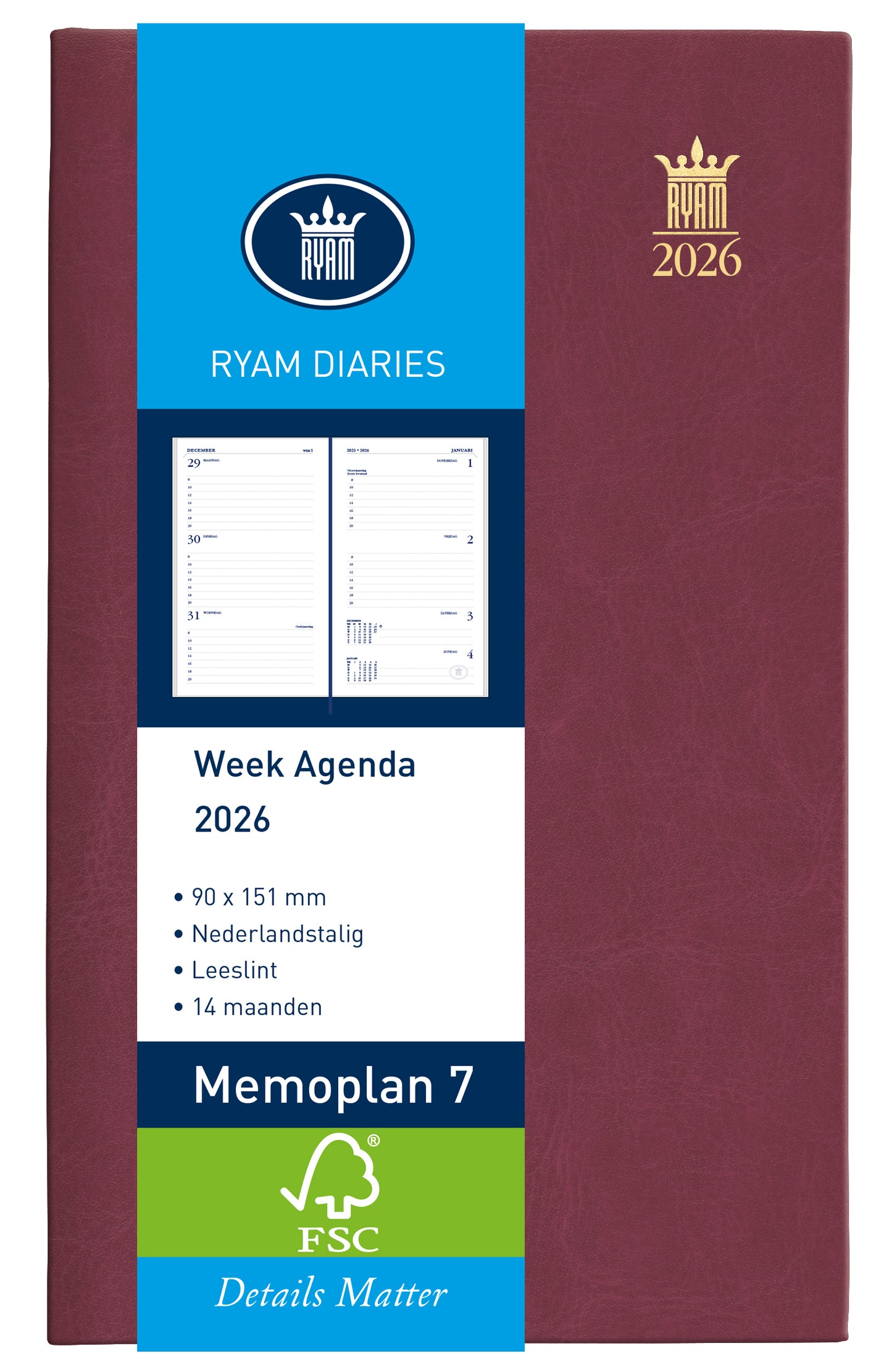 Agenda 2025 Ryam Memoplan 7 Mundior, 7 dagen, 2-pagina’s, bordeaux